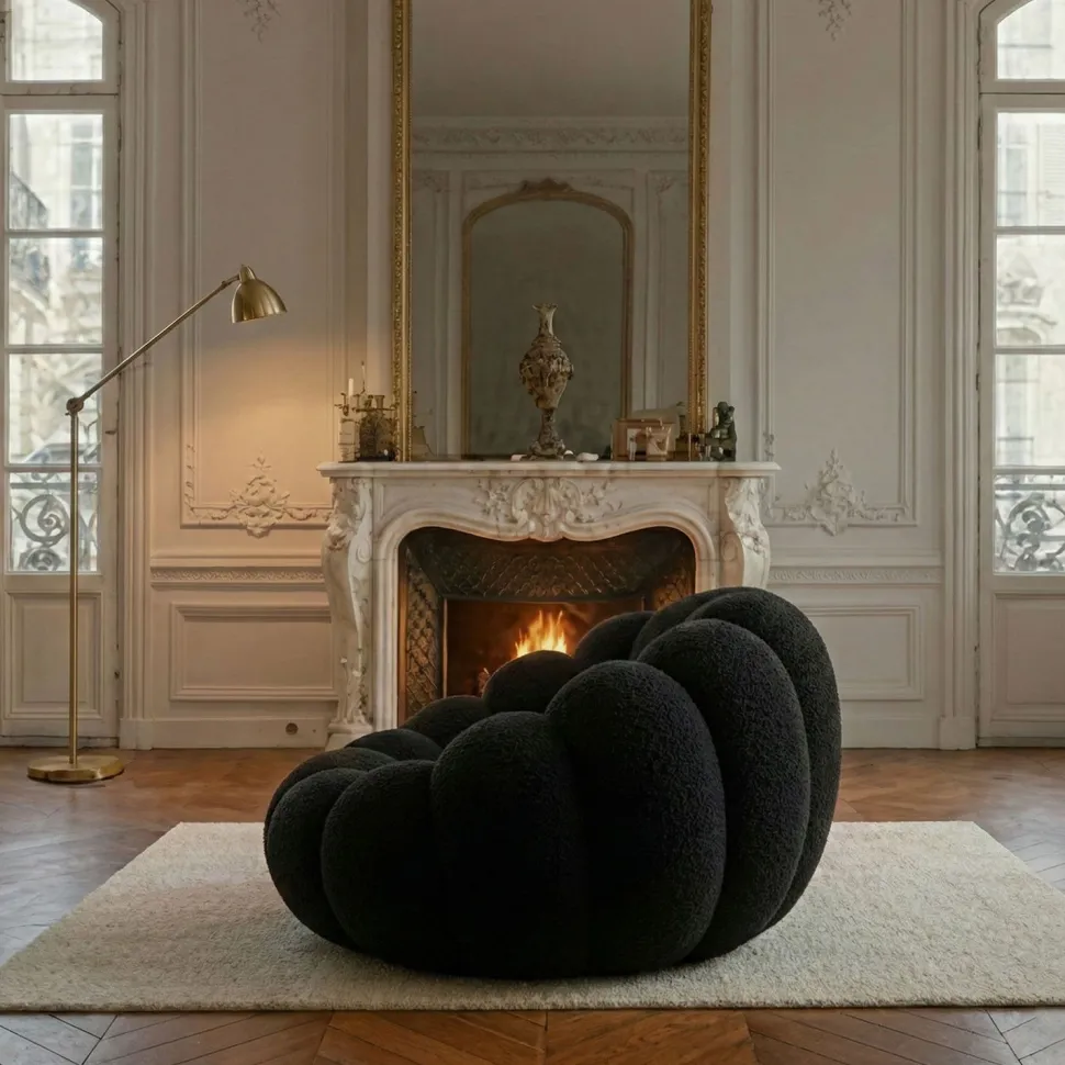 Fauteuil design coquillage Arielina Tissu bouclette Noir