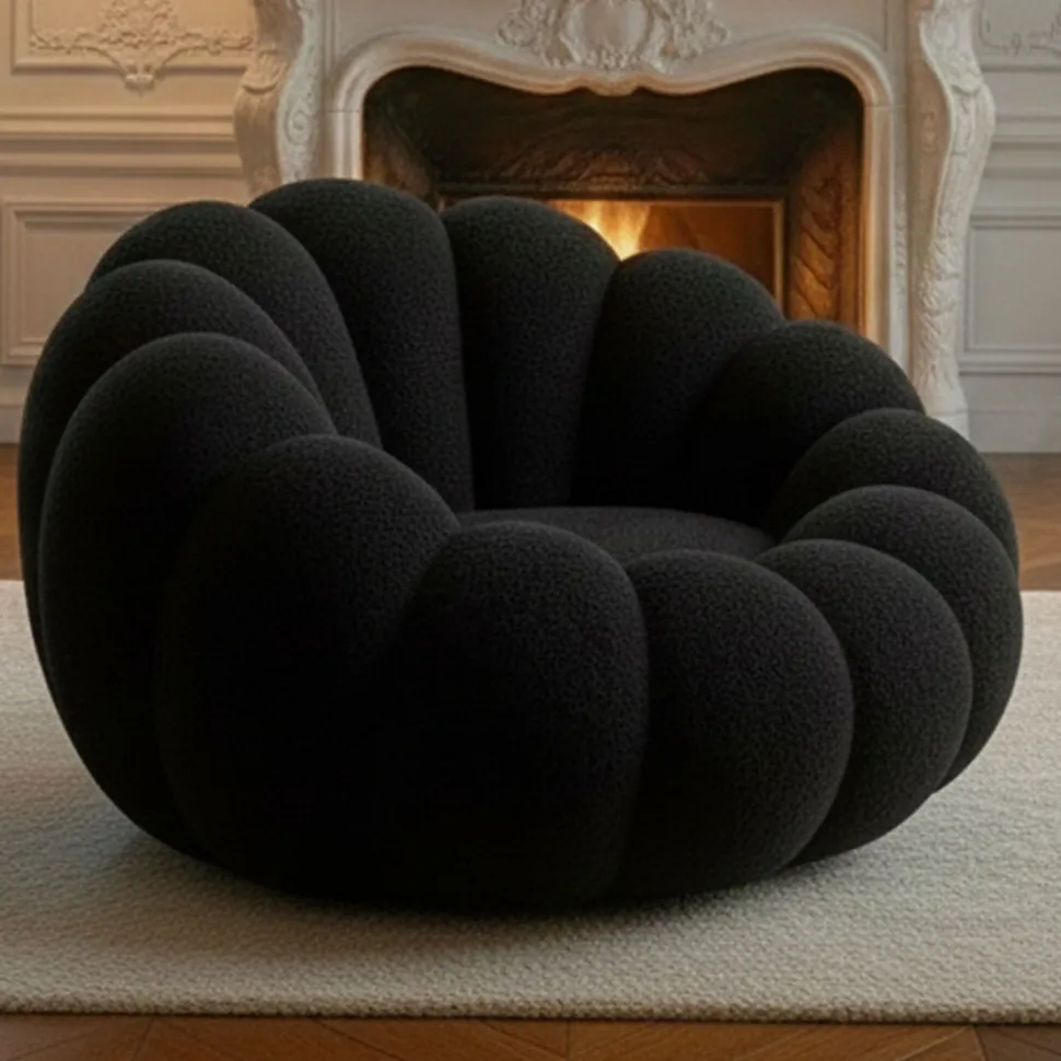 Fauteuil design coquillage Arielina Tissu bouclette Noir