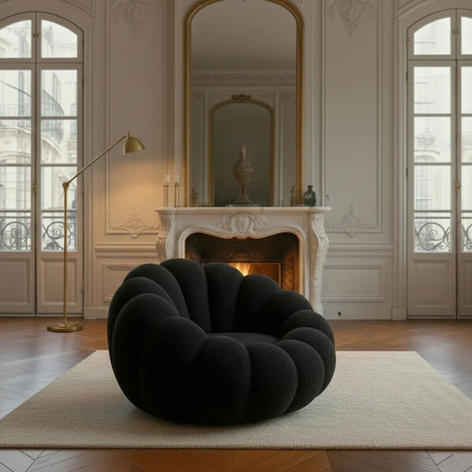 Fauteuil design coquillage Arielina Tissu bouclette Noir