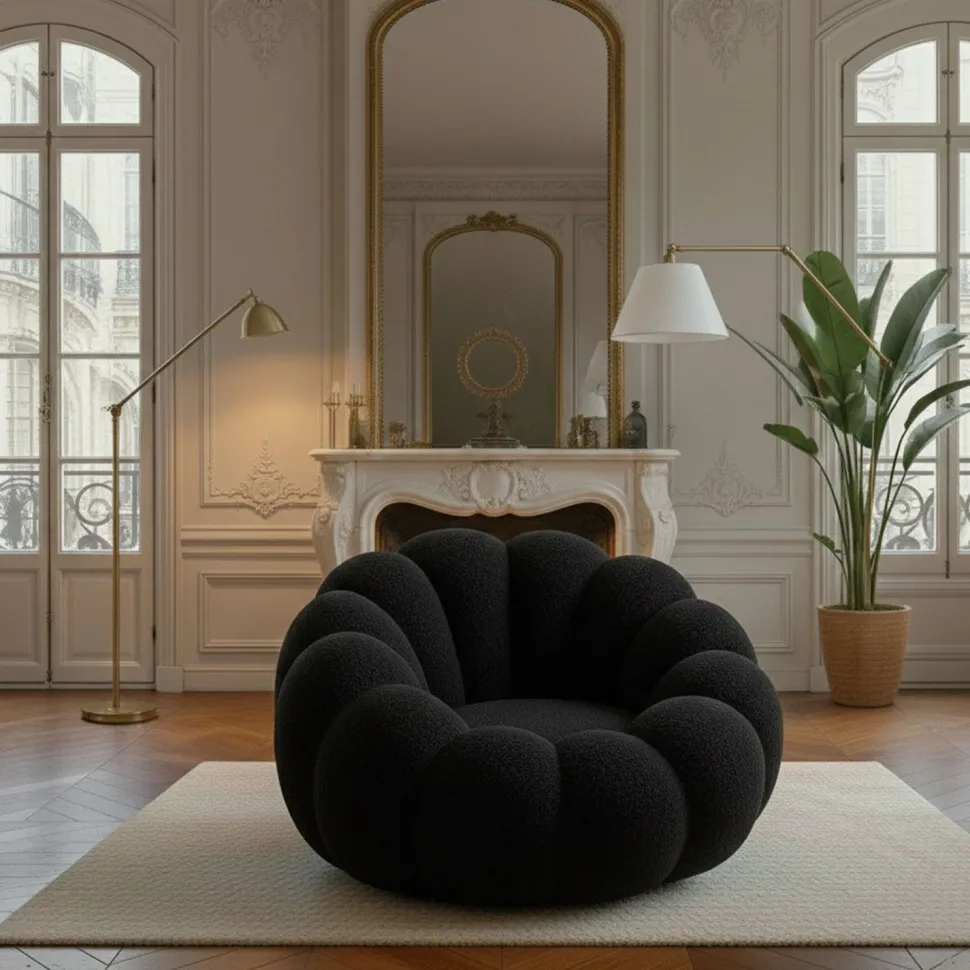 Fauteuil design coquillage Arielina Tissu bouclette Noir