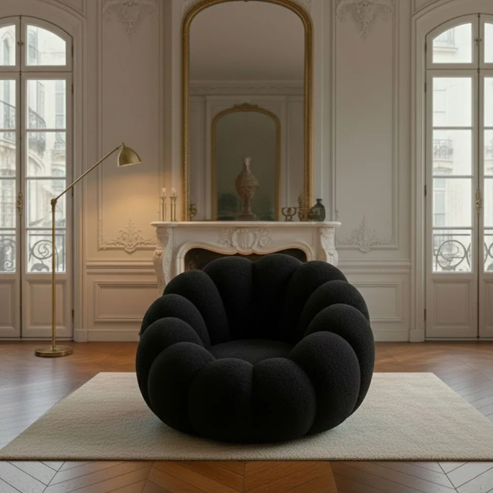 Fauteuil design coquillage Arielina Tissu bouclette Noir