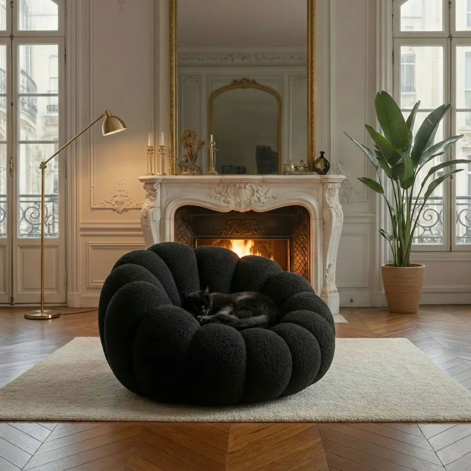 Fauteuil design coquillage Arielina Tissu bouclette Noir