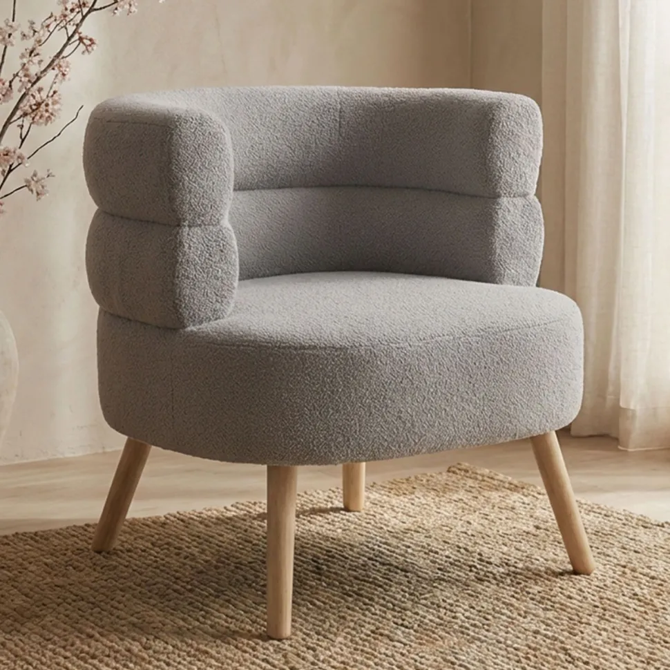 Fauteuil design scandinave arrondi Riviani Tissu bouclette Gris