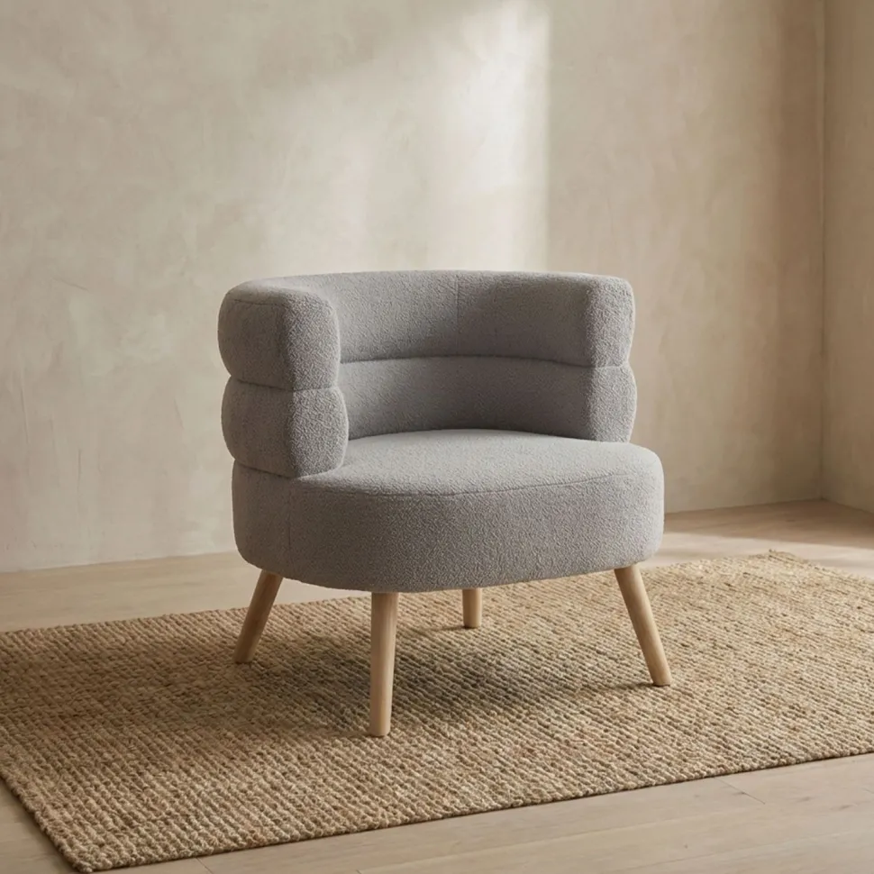 Fauteuil design scandinave arrondi Riviani Tissu bouclette Gris