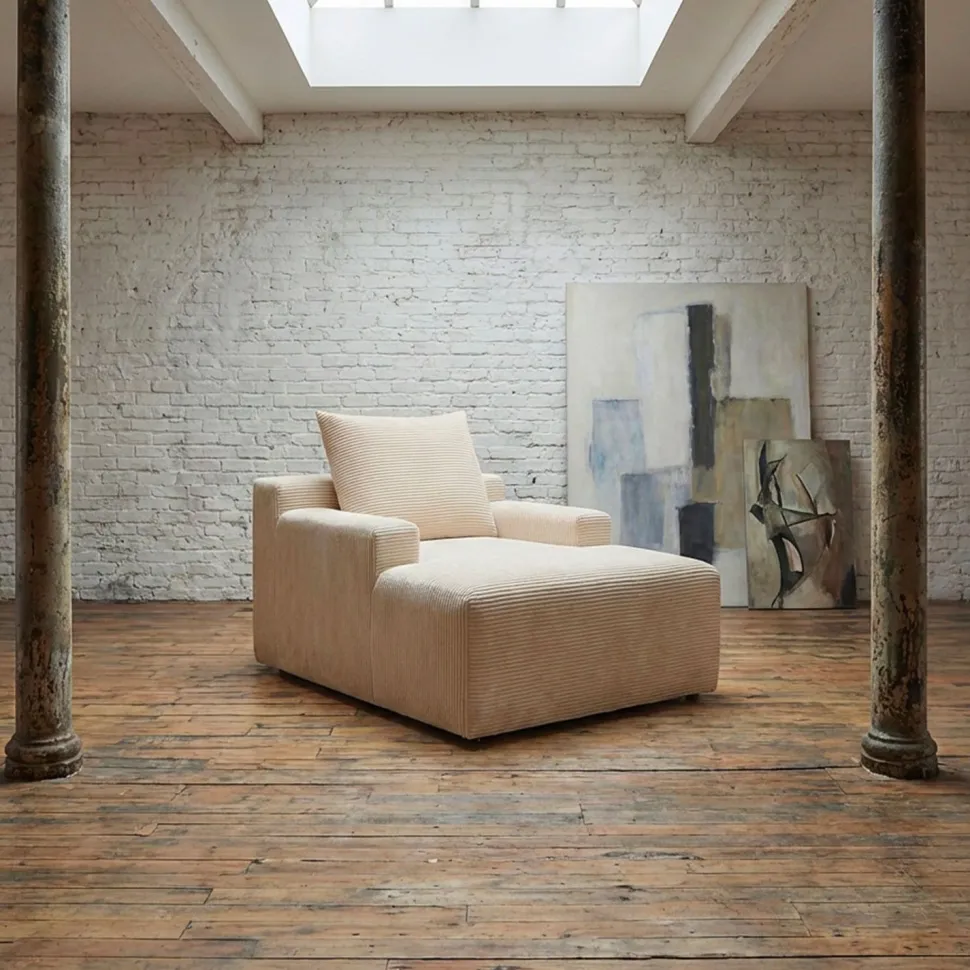 Fauteuil lounge style méridienne Rodin Velours côtelé Beige