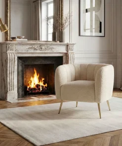 Fauteuil moderne Bombaro pieds métal doré et Tissu bouclette Beige