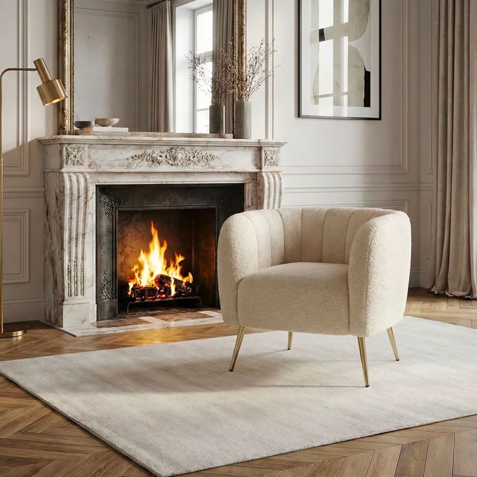 Fauteuil moderne Bombaro pieds métal doré et Tissu bouclette Beige