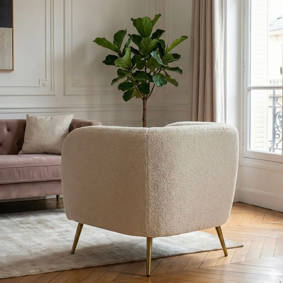 Fauteuil moderne Bombaro pieds métal doré et Tissu bouclette Beige