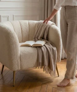 Fauteuil moderne Bombaro pieds métal doré et Tissu bouclette Beige