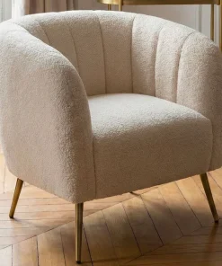 Fauteuil moderne Bombaro pieds métal doré et Tissu bouclette Beige