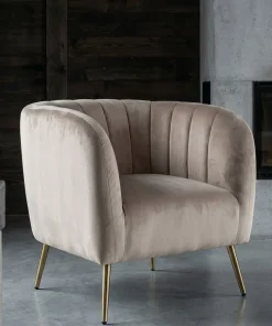 Fauteuil moderne Bombaro pieds métal doré et Velours Taupe