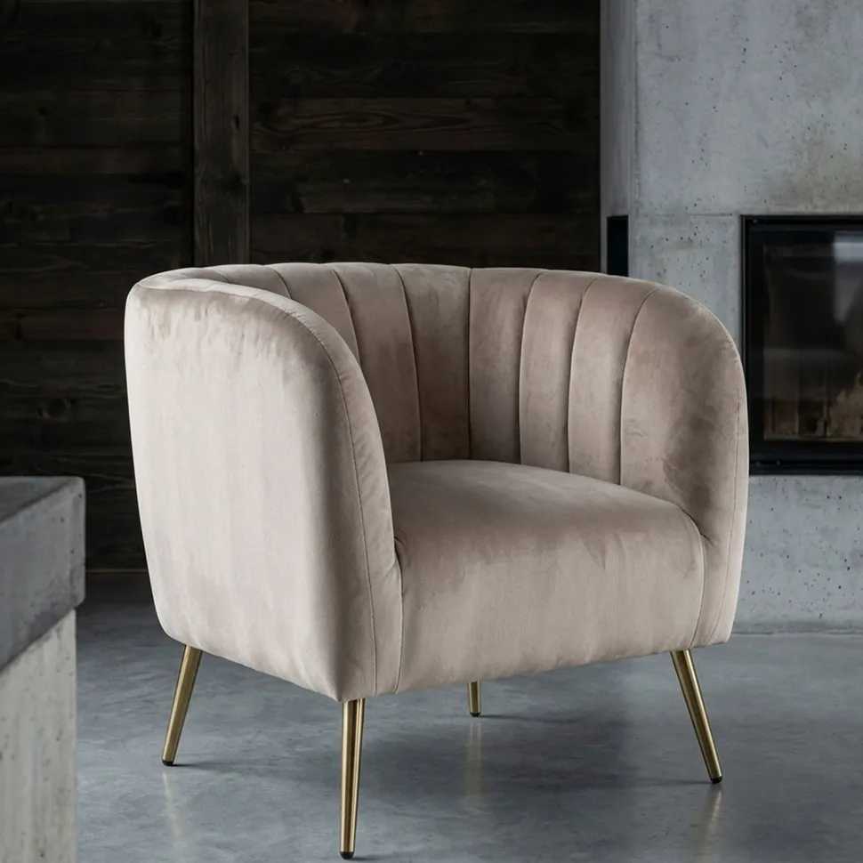 Fauteuil moderne Bombaro pieds métal doré et Velours Taupe