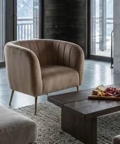 Fauteuil moderne Bombaro pieds métal doré et Velours Taupe