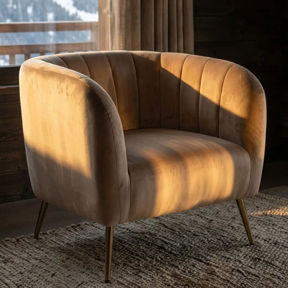 Fauteuil moderne Bombaro pieds métal doré et Velours Taupe