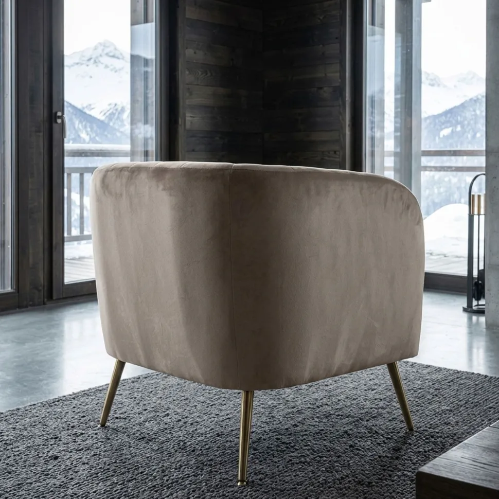 Fauteuil moderne Bombaro pieds métal doré et Velours Taupe