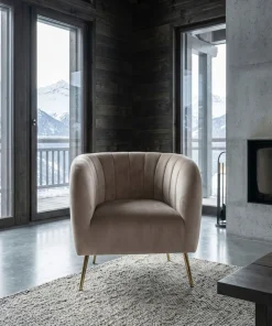 Fauteuil moderne Bombaro pieds métal doré et Velours Taupe
