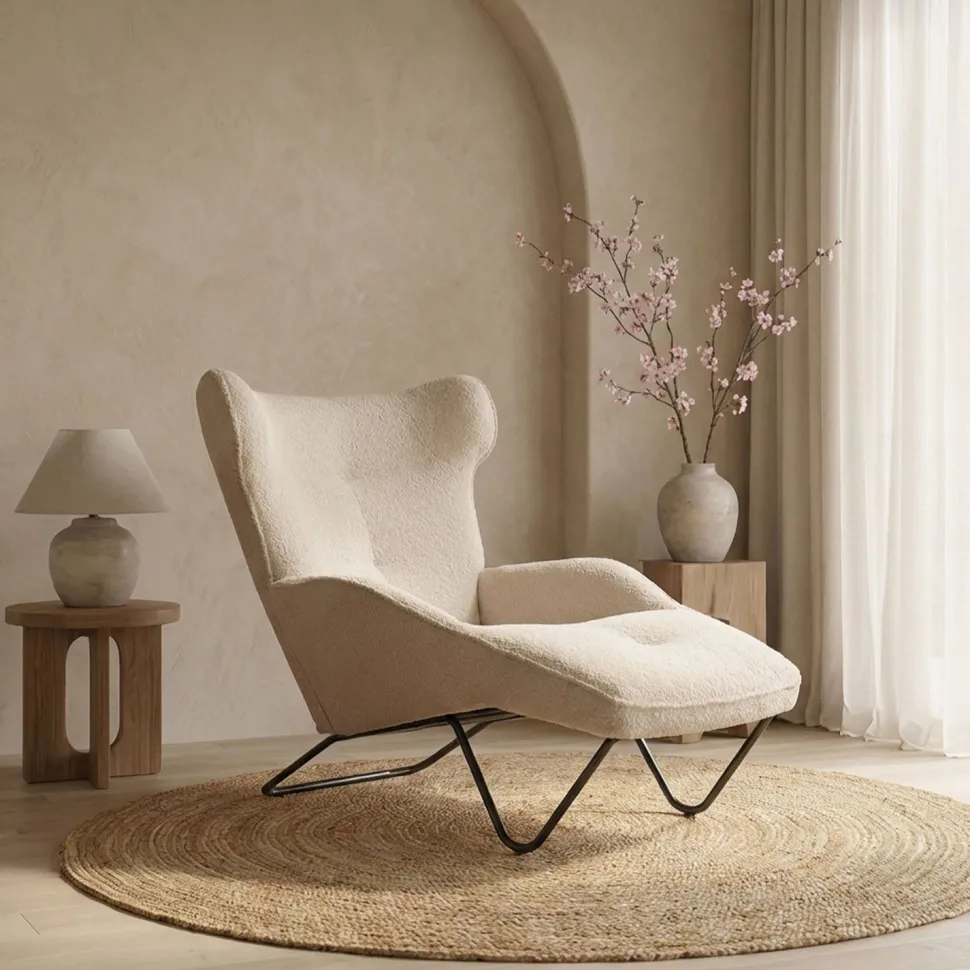 Fauteuil méridienne style bergère relax Shirley Tissu bouclette Beige