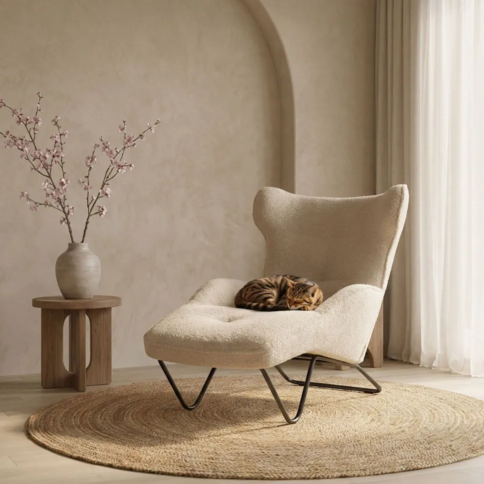 Fauteuil méridienne style bergère relax Shirley Tissu bouclette Beige