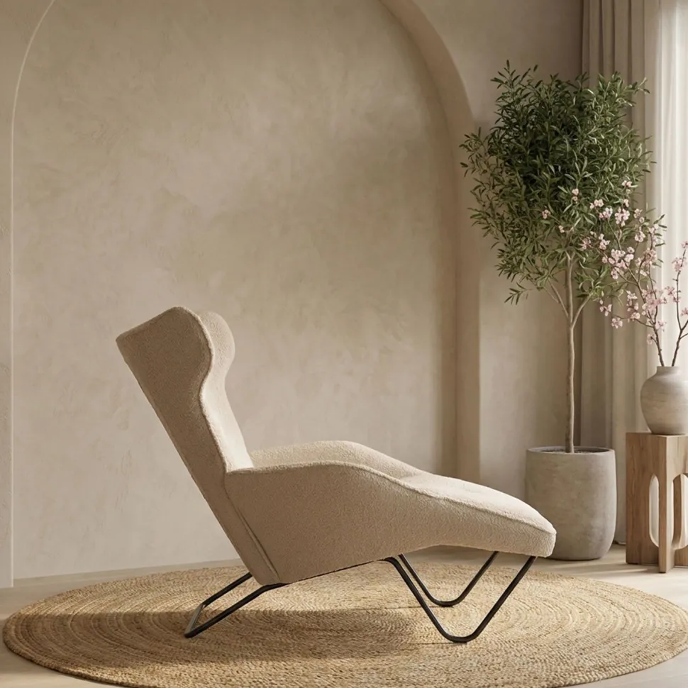 Fauteuil méridienne style bergère relax Shirley Tissu bouclette Beige