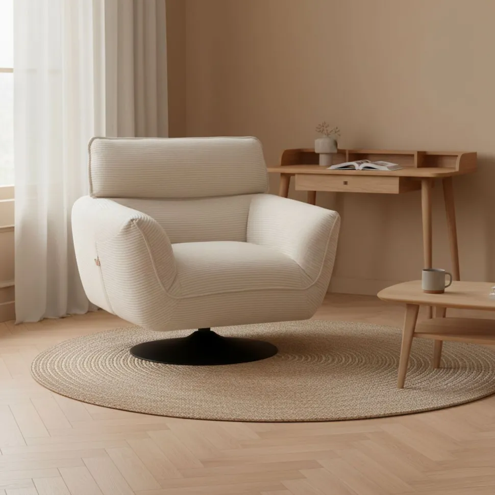 Fauteuil pivotant moderne avec dossier réglable Ghislain Velours côtelé Crème