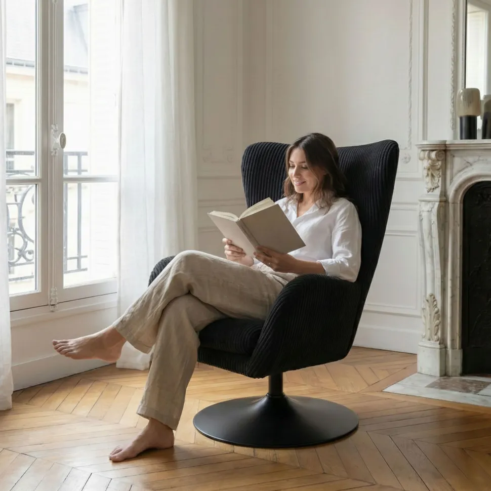 Fauteuil pivotant style bergère Arthuro Velours côtelé Noir