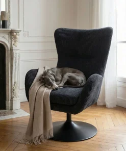 Fauteuil pivotant style bergère Arthuro Velours côtelé Noir
