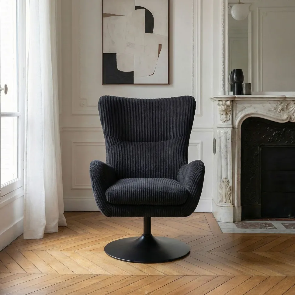 Fauteuil pivotant style bergère Arthuro Velours côtelé Noir