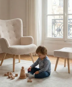 Fauteuil scandinave + pouf Lylou Tissu bouclette lainée Crème