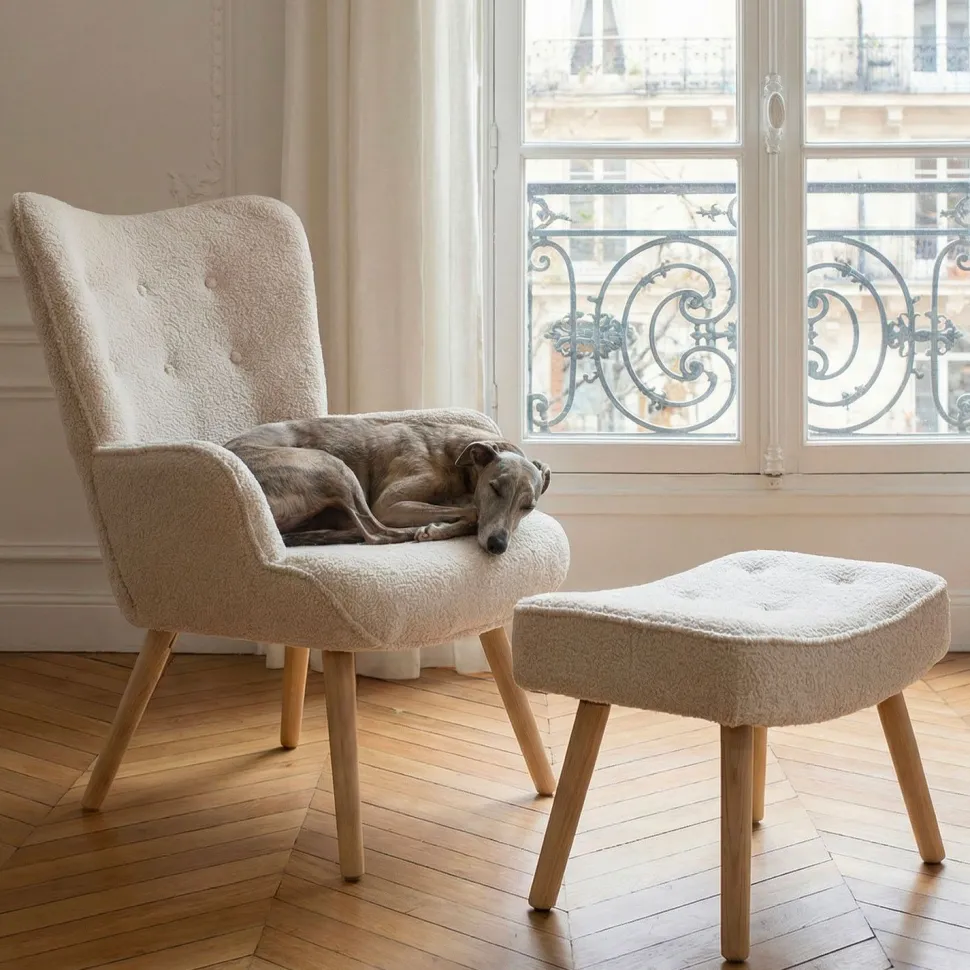Fauteuil scandinave + pouf Lylou Tissu bouclette lainée Crème