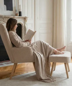 Fauteuil scandinave + pouf Lylou Tissu bouclette lainée Crème