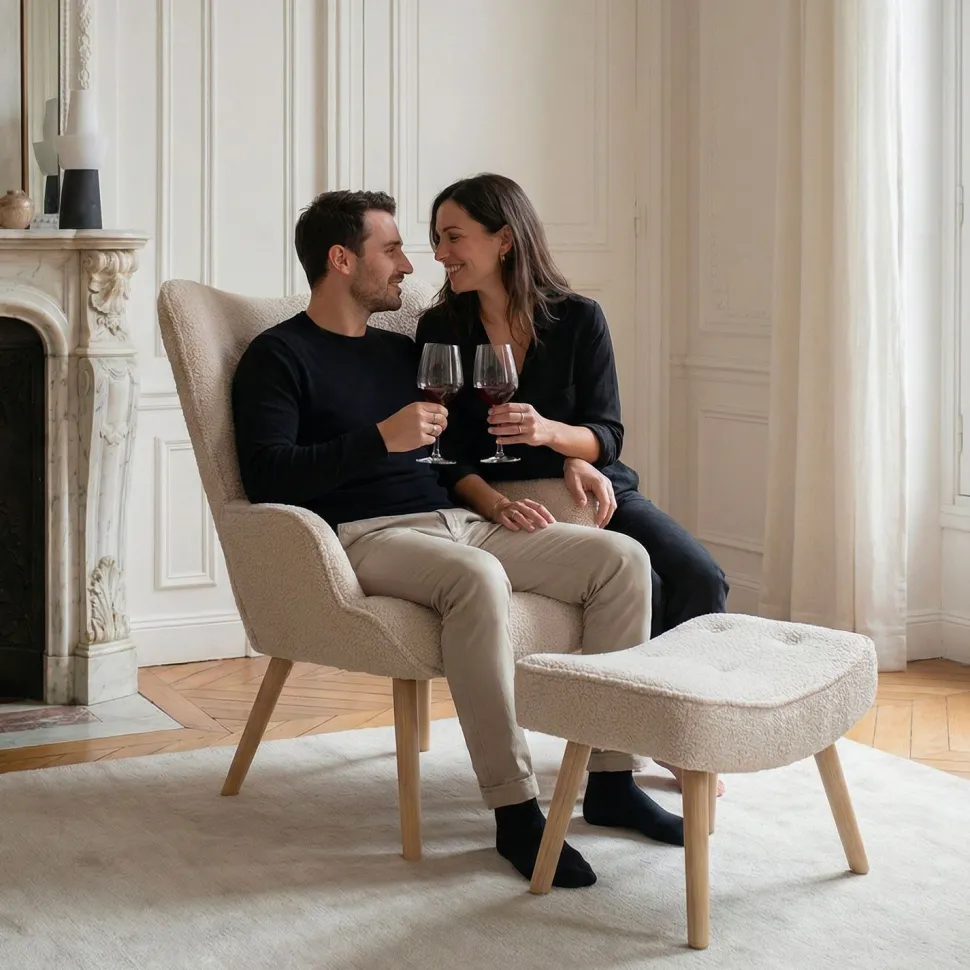 Fauteuil scandinave + pouf Lylou Tissu bouclette lainée Crème