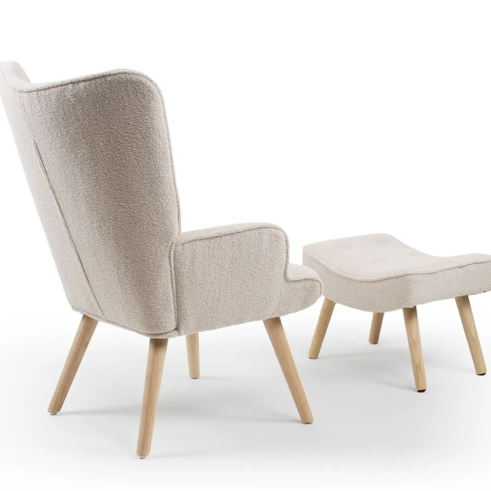 Fauteuil scandinave + pouf Lylou Tissu bouclette lainée Crème