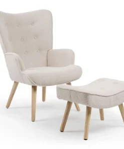 Fauteuil scandinave + pouf Lylou Tissu bouclette lainée Crème