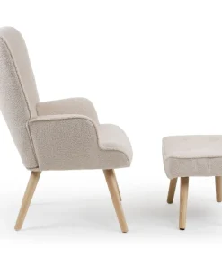 Fauteuil scandinave + pouf Lylou Tissu bouclette lainée Crème