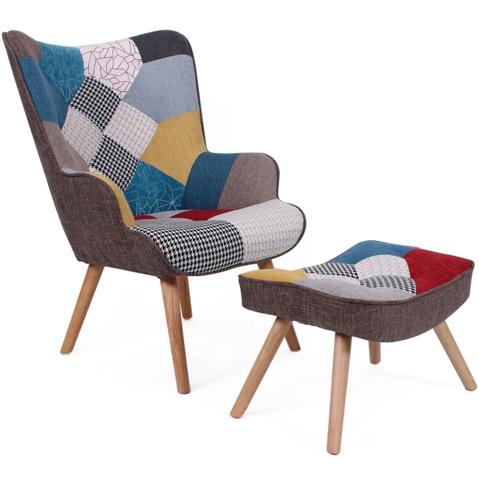 Fauteuil scandinave + pouf Lylou Tissu Patchwork