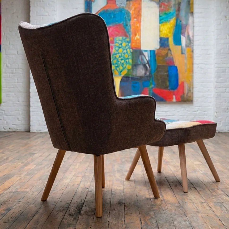 Fauteuil scandinave + pouf Lylou Tissu Patchwork