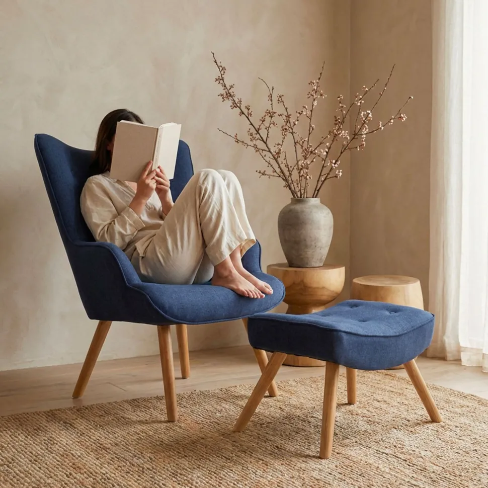 Fauteuil scandinave + pouf Lylou Tissu Bleu