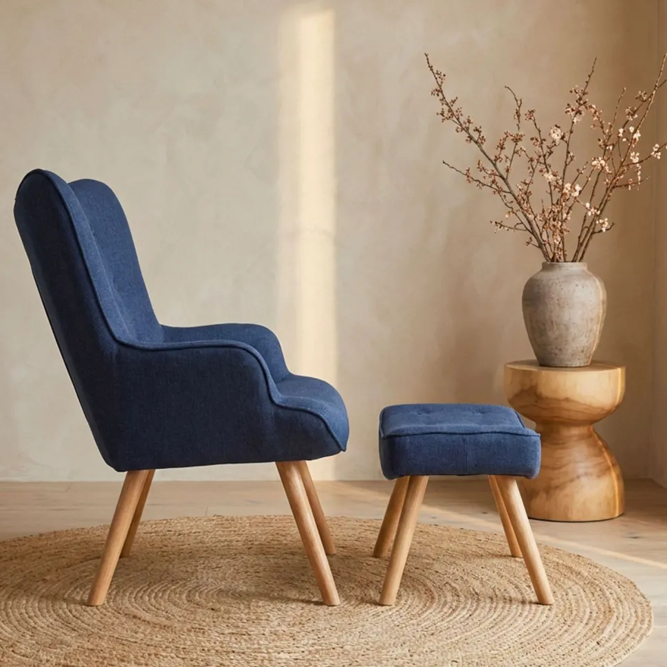 Fauteuil scandinave + pouf Lylou Tissu Bleu