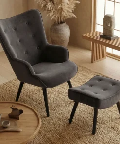 Fauteuil scandinave + pouf Lylou Velours Noir