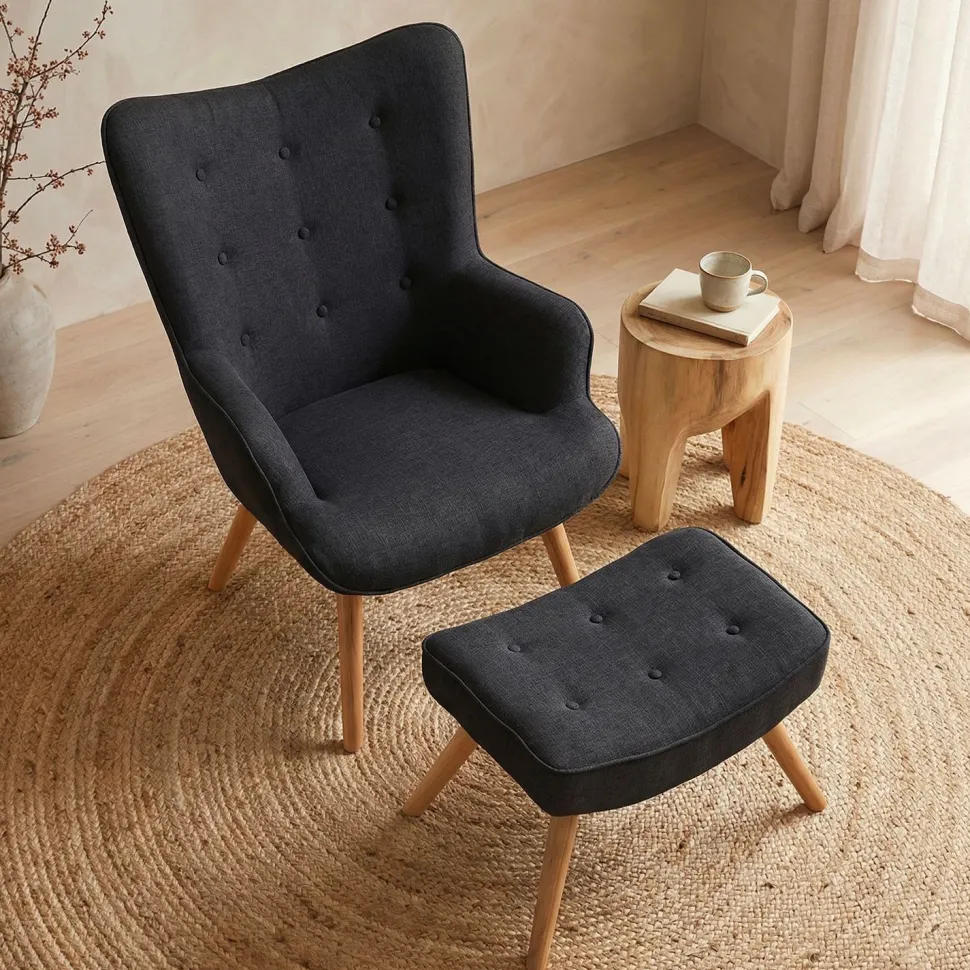 Fauteuil scandinave + pouf Lylou Tissu Noir