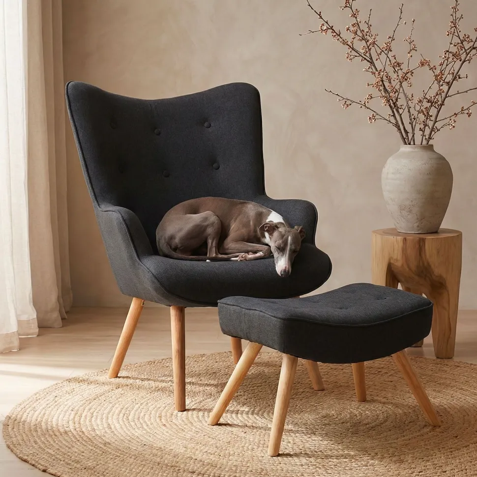 Fauteuil scandinave + pouf Lylou Tissu Noir