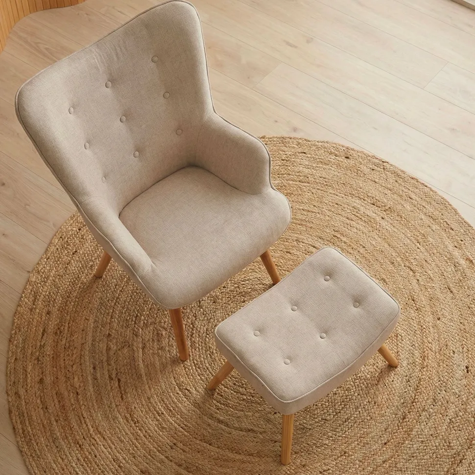 Fauteuil scandinave + pouf Lylou Tissu Beige