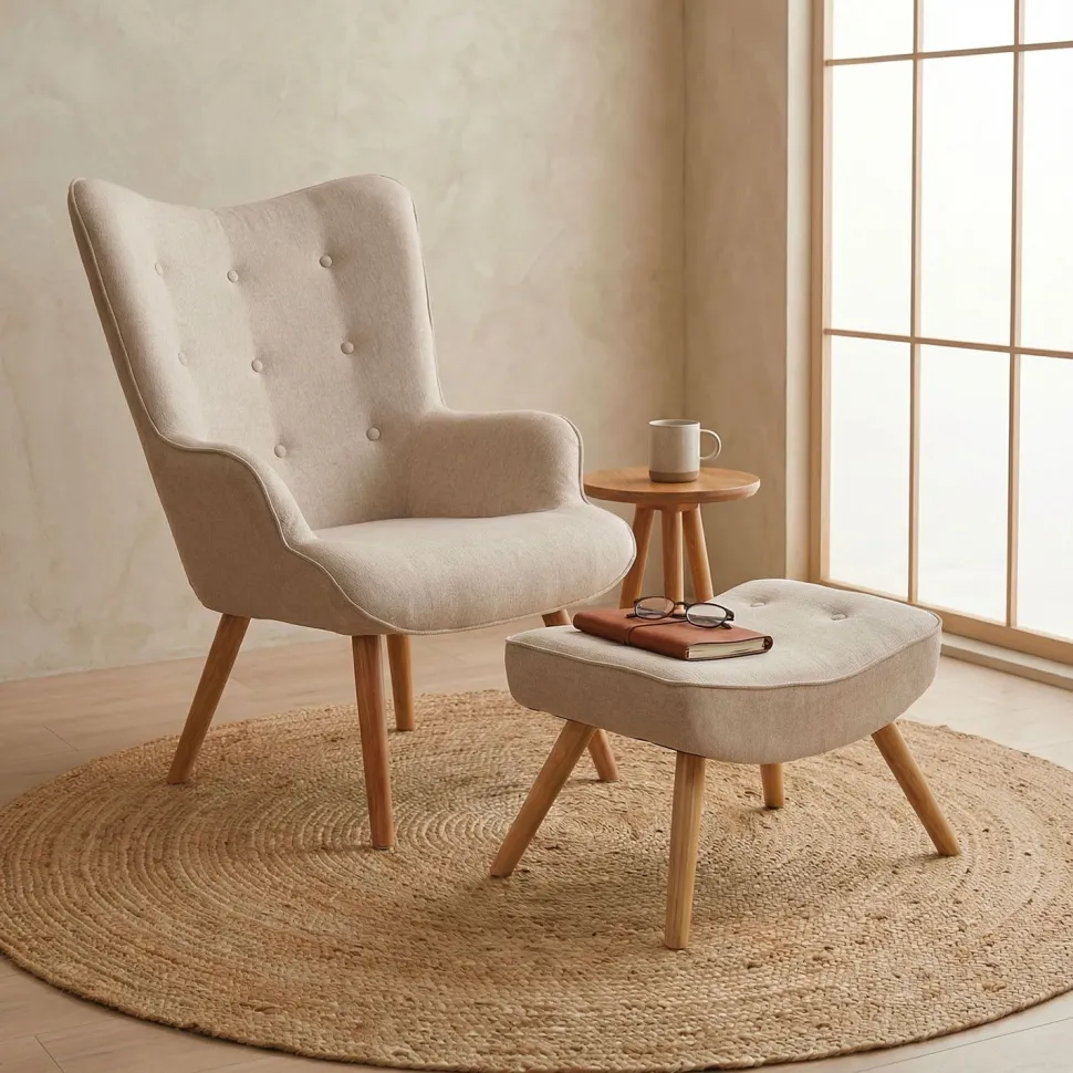 Fauteuil scandinave + pouf Lylou Tissu Beige