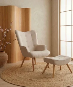 Fauteuil scandinave + pouf Lylou Tissu Beige