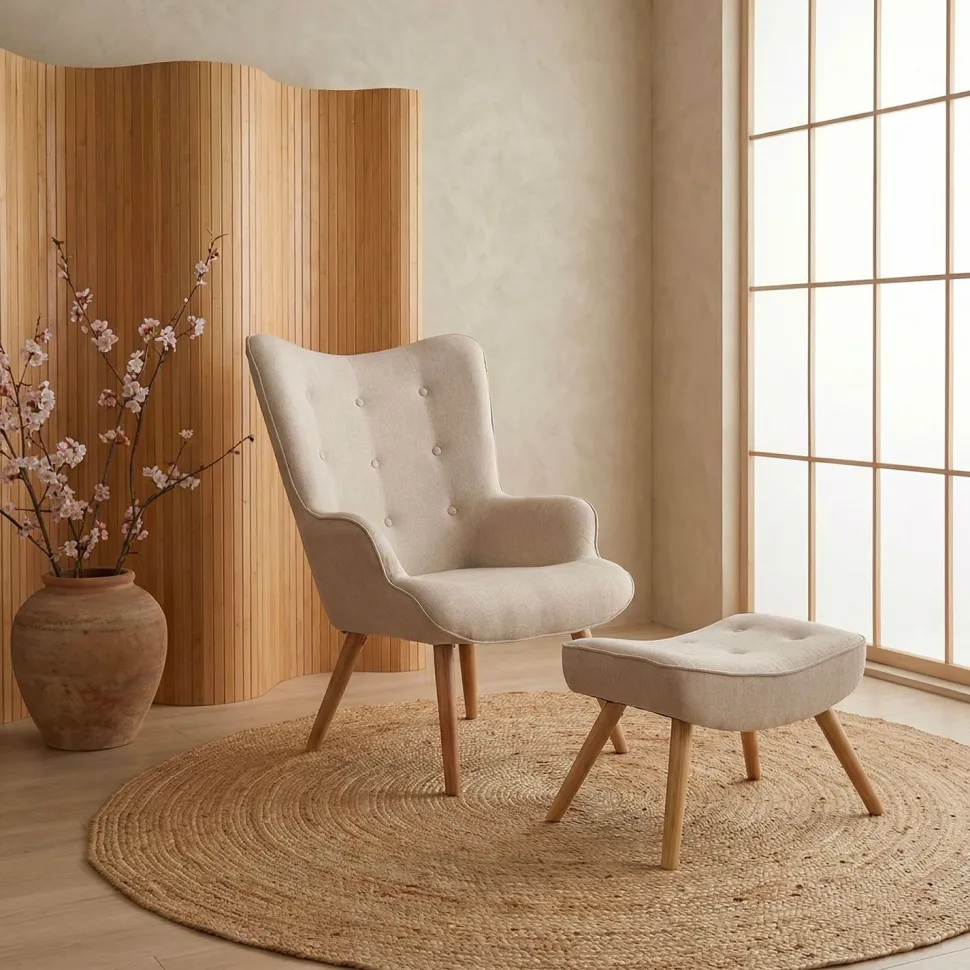 Fauteuil scandinave + pouf Lylou Tissu Beige