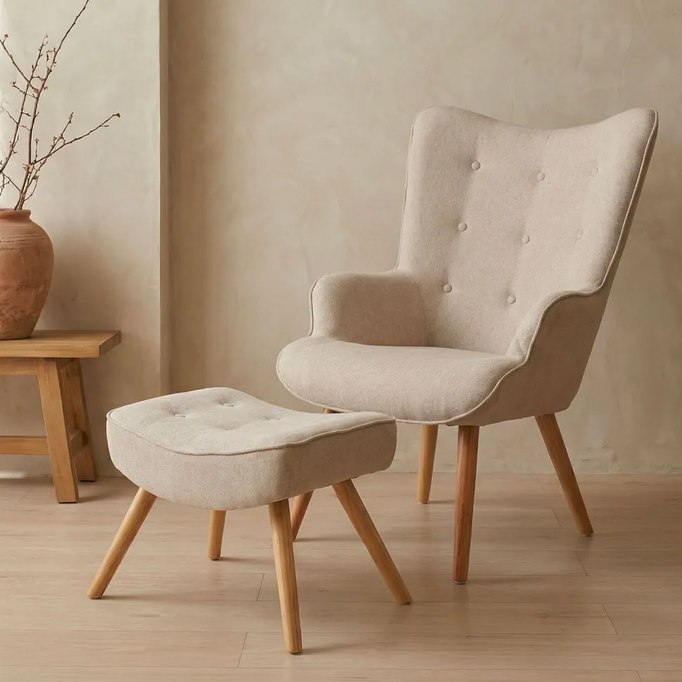 Fauteuil scandinave + pouf Lylou Tissu Beige