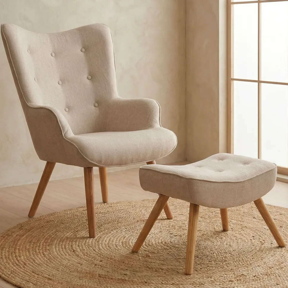 Fauteuil scandinave + pouf Lylou Tissu Beige