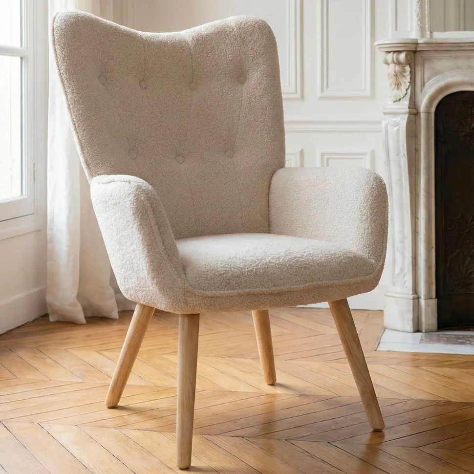 Fauteuil scandinave Klarys Tissu bouclette lainée Crème