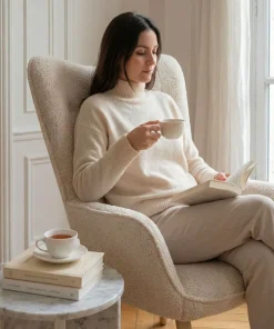 Fauteuil scandinave Klarys Tissu bouclette lainée Crème