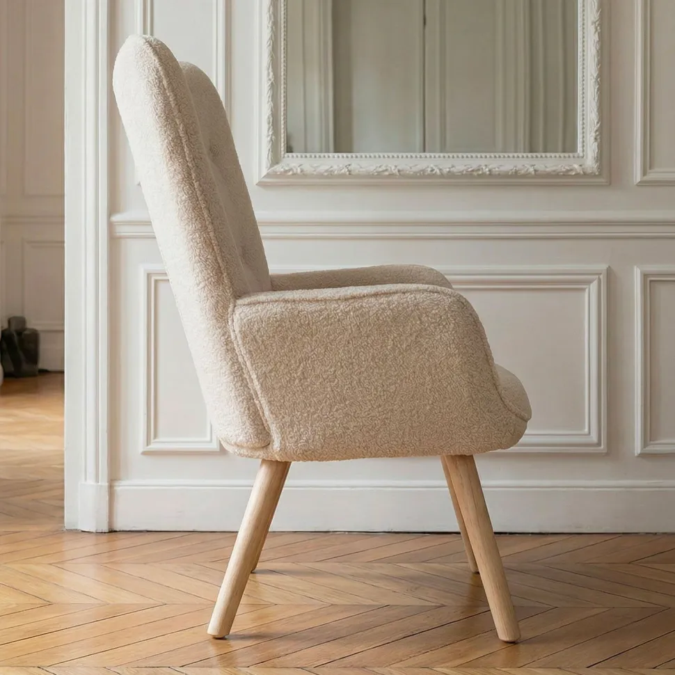 Fauteuil scandinave Klarys Tissu bouclette lainée Crème